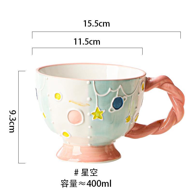 400ml Hand Drawn Ceramic Mug Large Capacity Breakfast Cereal Cup Milk Oatmeal Matcha Water Cup Kitchen Accessory Drinkware Gift