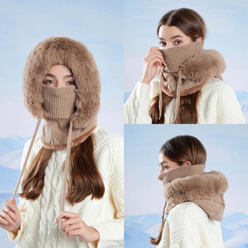 Winter Warm Mask Scarf Integrated Cap Outdoor Windproof Knitted Cap Women's Ear Protection Wool Cap