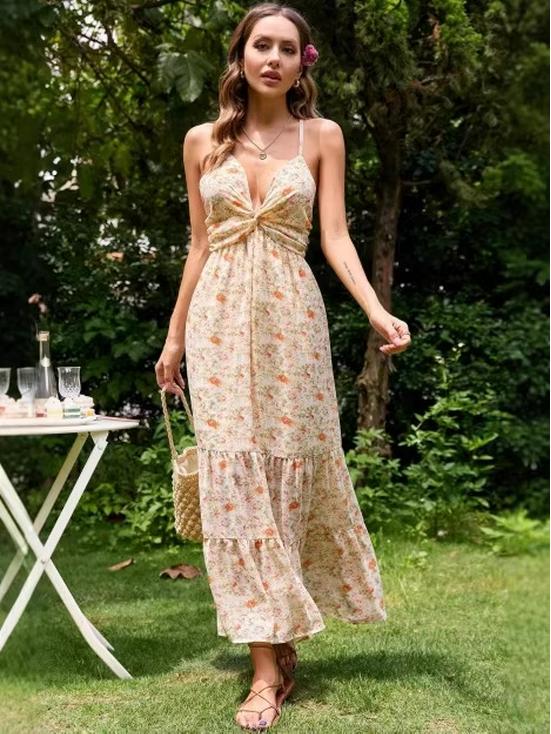 2026 Summer Elegant Floral Deep V Spaghetti Strap Dress - Women's Waist-Cinching Wide Hem for Holiday Style