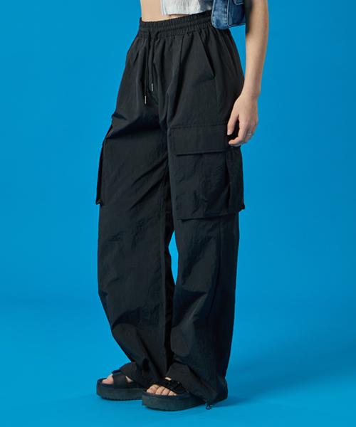 KOLEAT Summer Cooling Crinkly Wide Elastic Waist Big 3D Cargo Slacks Pants [Black]