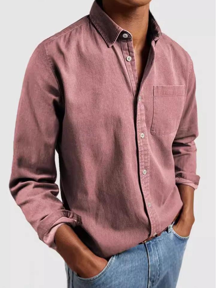 2024 European & American Men's Retro Solid Color Lapel Long Sleeve Shirt