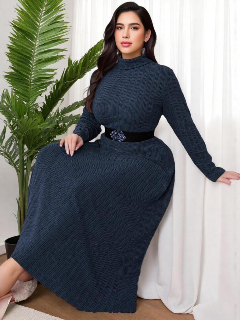 Middle Eastern Style Plus Size Long Sleeve High Neck Slim Fit Elegant Home Dress