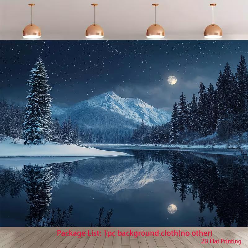 

2D Calm Winter Lake Backdrop Moonlit Snowy Mountain Night Portrait Studio Background 47.2x31.5inch/120*80cm