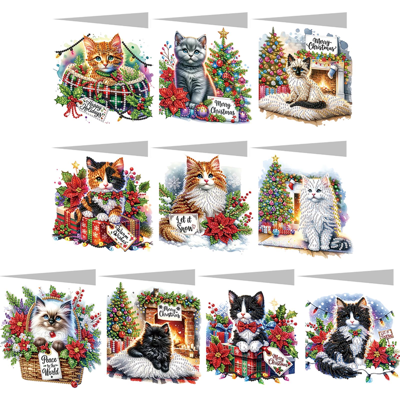 

10Pcs Merry Christmas Cats DIY Diamond Painting Card Diamond Painting Greeting Card for Family Friends Gift