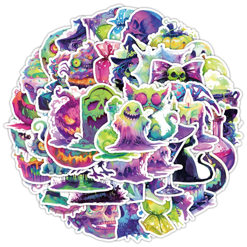 50 Neon Halloween Graffiti Stickers for Water Cups, Luggage, Waterproof Decorative Stickers, Creative Stationery Stickers