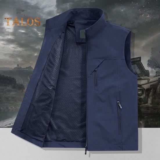 Pánská vesta stojáček límec bez rukávů vesta se zapínáním na zip kabát s velkými kapsami jednobarevná outdoorová rybářská vesta