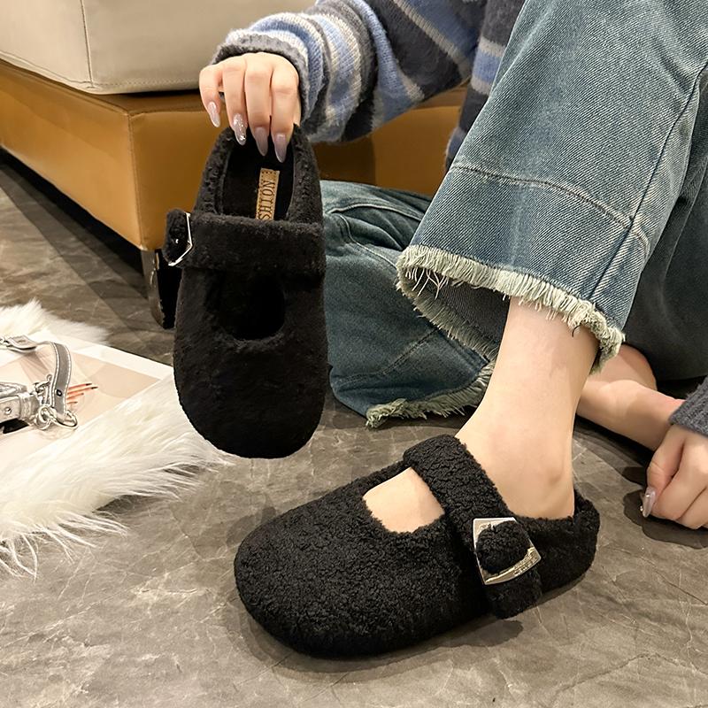 Fashion Rose Red Round Toe Lambswool Ballet Flats Woman Warm Teddy Fur Mary Jane Shoes Ladies Brand Design Winter Fluffy Mule Slippers