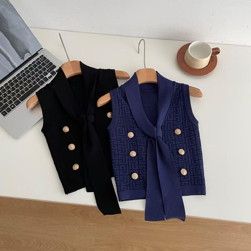 Black sexy ladies small fragrance knitted sleeveless vest, design sense slim short V-neck sleeveless top women2713#