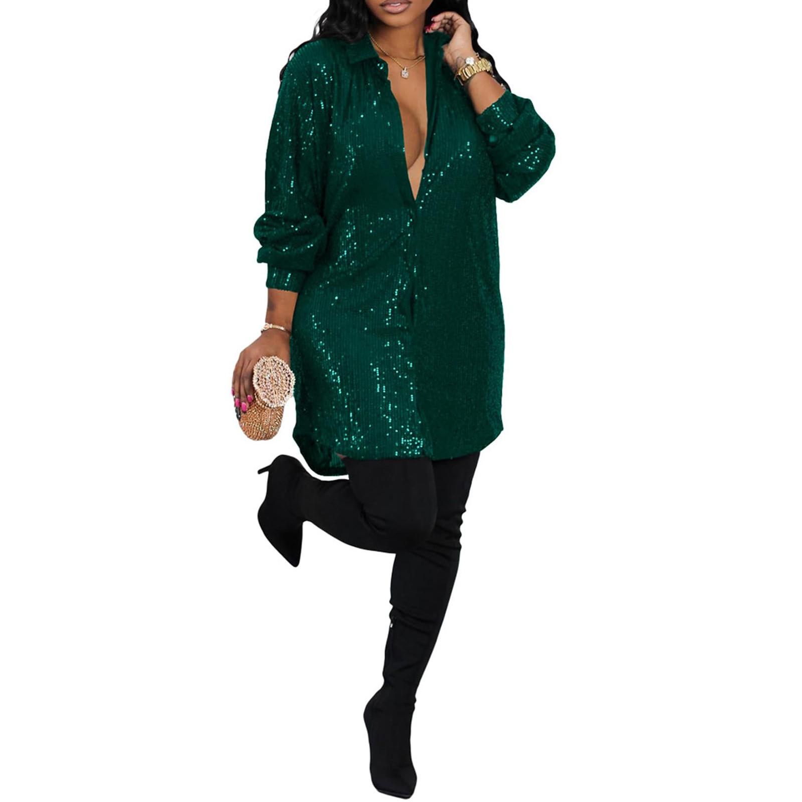 

Женское свободное платье-рубашка на пуговицах с пайетками и длинными рукавами для вечеринок и клубов XXXL