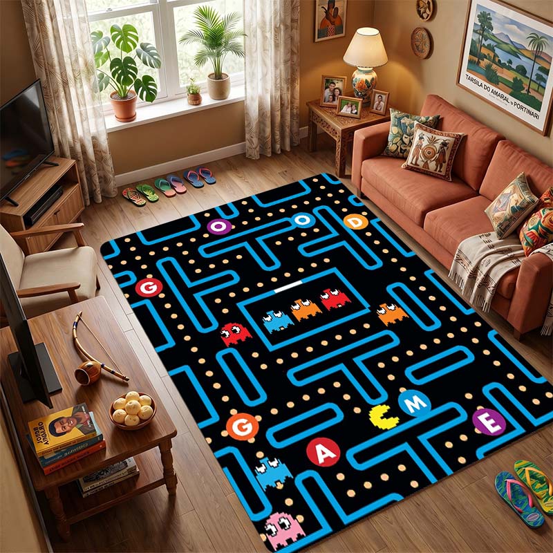 Pac-Man Retro Arcade Game Area Rug, Non-Slip Soft Floor Mat for Living Room Bedroom, Vintage 80s Game Carpet for Kids Room and Gamer Home Decor