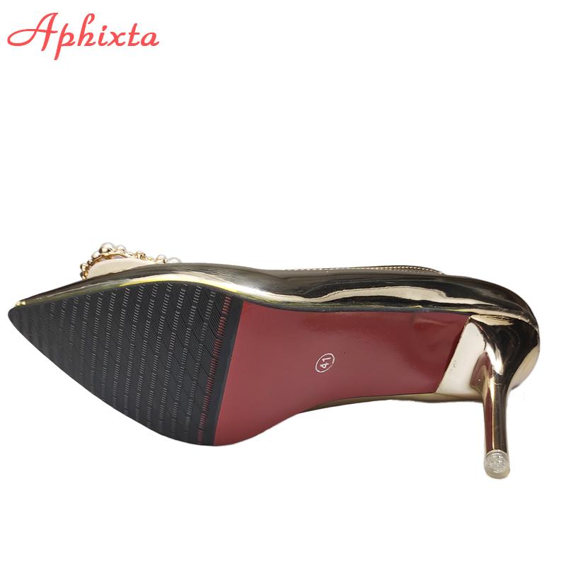 Fashion Aphixta Luxury Pearl Buckle Pumps Women 10cm Thin Heels Crystals Bling Patent Leather Office Casual Shoes Big Size 50