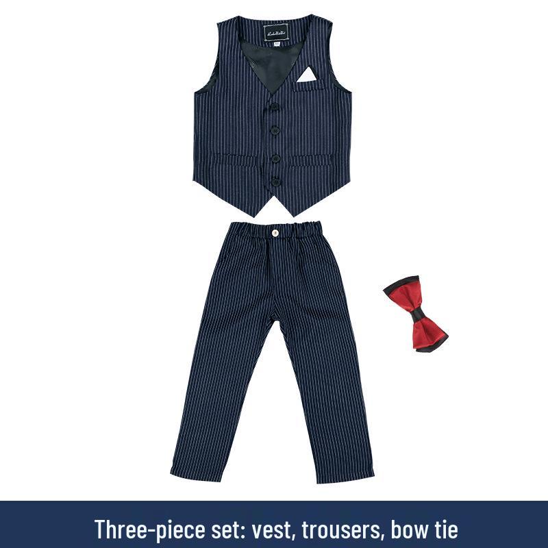 

Детский осенний формальный комплект с жилетом: Костюм-тройка в полоску для мальчиков для речевых мероприятий и особых случаев. 140cm, 50-58 lbs
