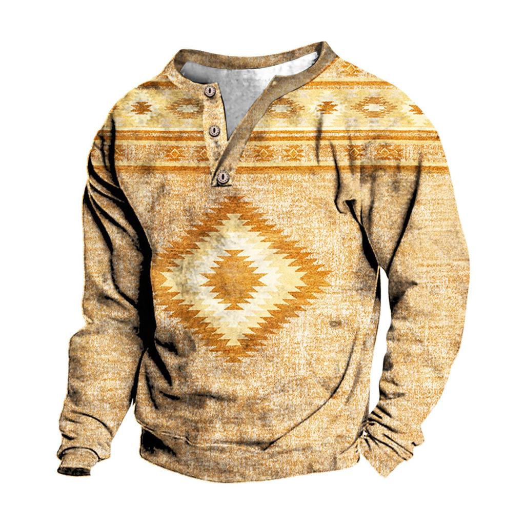 Pullover mit V-Ausschnitt für Herren, 3D-Digitaldruck, Stehkragen, 3 Knöpfe, Vintage-Kragen