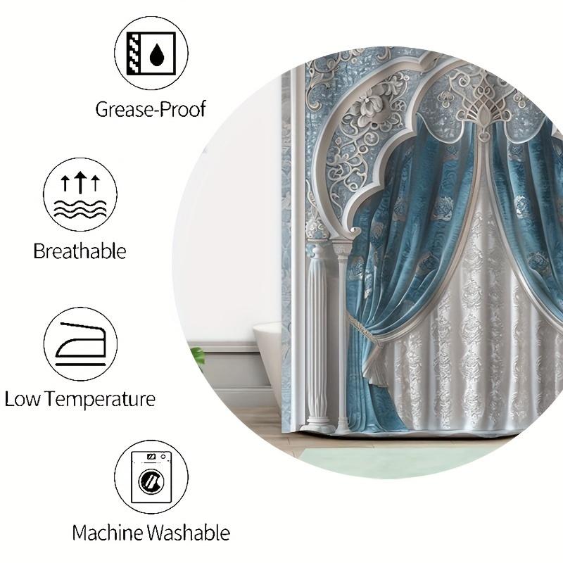 1/4 buc loral Fereastră Arc Tassel Albastru Set Perdea de Duș Impermeabilă Set Decorativ de Baie Covor Antiderapant Husă Toaletă Covoraș de Baie Și 12 Cârlige