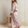 Damen Boho Baumwolle Leinen 2-teilige Sets, 3/4 Ärmel Bedruckte Hemden und Weite Hosen Passende Sets, Lockere Urlaubs-Lounge-Outfits
