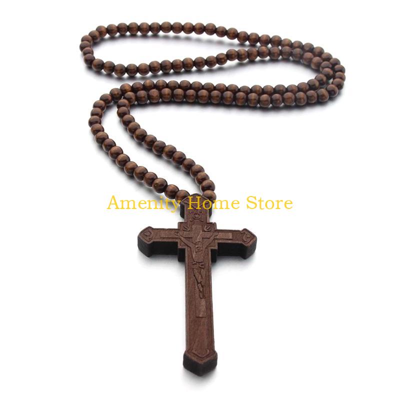 F26C Catholic for Cross Necklace with Wooden Beads Rosary Religious Wear Jesus Carved Crucifix Pendant Chain Christian Prayer