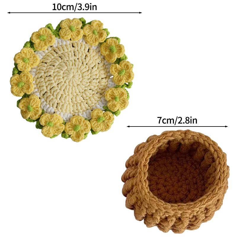 Crochet Coaster Handmade Knitted Flower Bouquet Coaster Plant Pot with Flowerpot Flower Placemat Cup Pad Teacup Stand Diy Flower