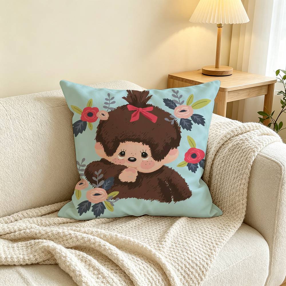Cute M-Monchhichi Pillow Case Square Double-Sided Sofa Cushion Cover Bedroom Bedside Pillow