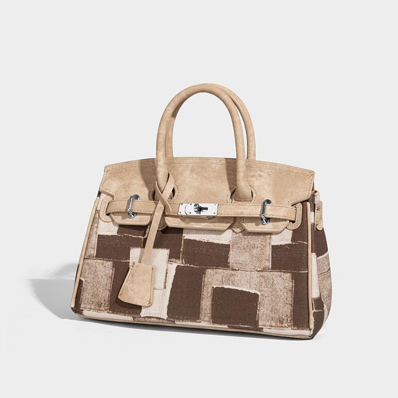 Niche Retro Birkin Bag for Women 2025 New Denim High-Quality Texture Color-Block Stitching Handbag Shoulder Crossbody Bag