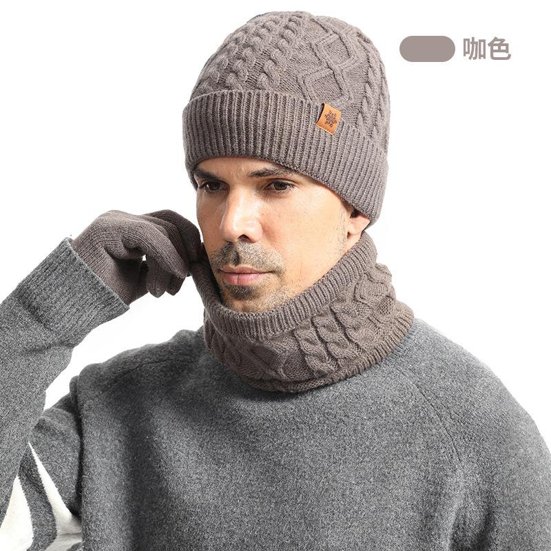 Knitted hat, men's winter velvet thickened gloves, hat, scarf, three-piece set, outdoor cycling wool, knitted hat