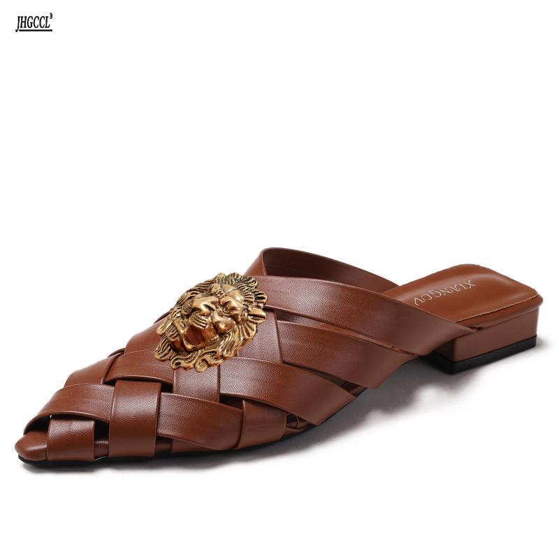 

Fashion Hollowed-out woven pointed-toe flip-flops for women, new thick-heeled fashion, closed-toe half slippers, mules T77 35 коричневый