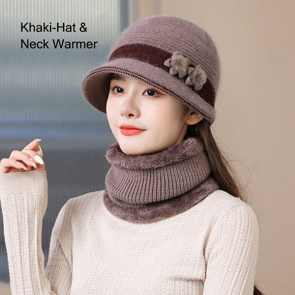 Outdoor Elderly Middle Aged Winter Beanie Hat Scarf Fleece Lining Warm Knit Bucket Hat Windproof Hat Scarf Set for Women