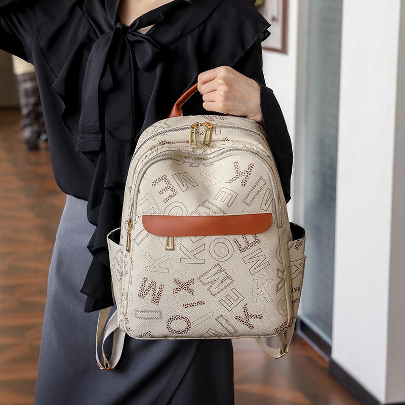 Leather Women Letter Printed Backpack Student Schoolbag Large Capacity Travel Bags
