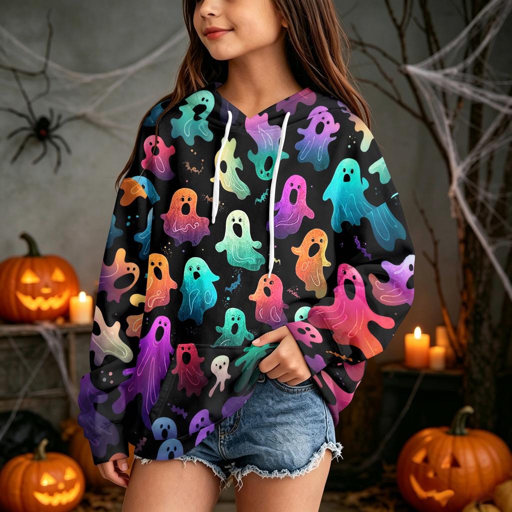Kids Casual Hooded Sweatshirt with Halloween Print Pullover for Daily Wear