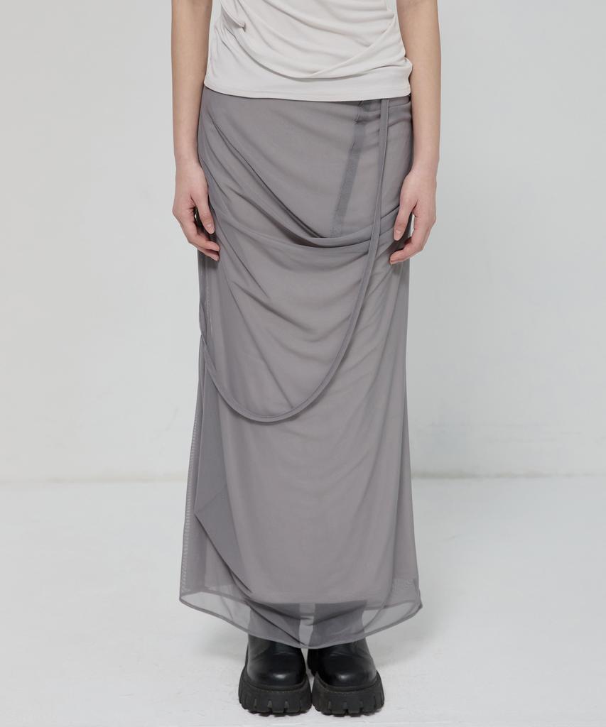 Peulleeoeob Draped Mesh Layered Long Skirt (Fl-264_Gray)