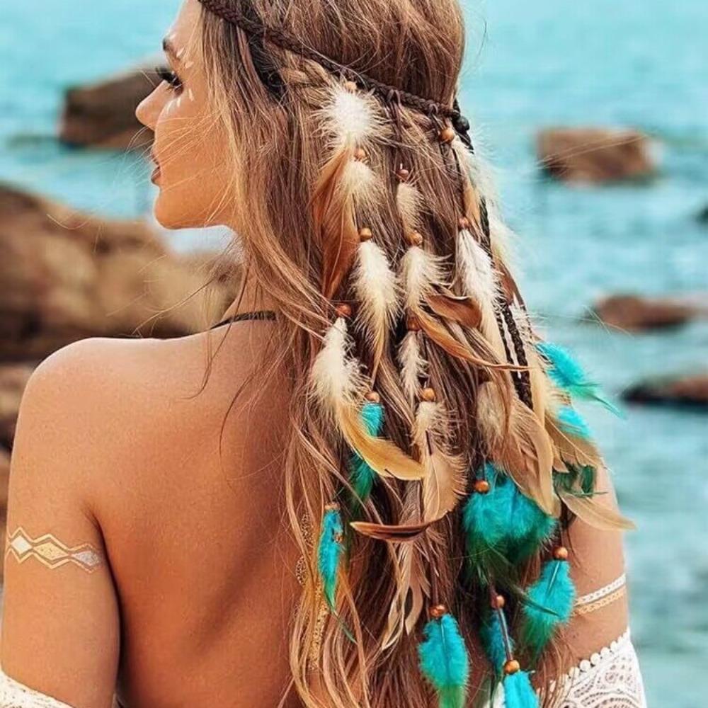 Fascia per Capelli con Piume Regolabile, Frange, Arcobaleno, Fascia Indiana, Elegante Copricapo Stile Boho, Festivo