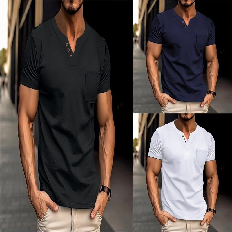 Mens V Neck Short Sleeve Solid Color Loose Fit T Shirt