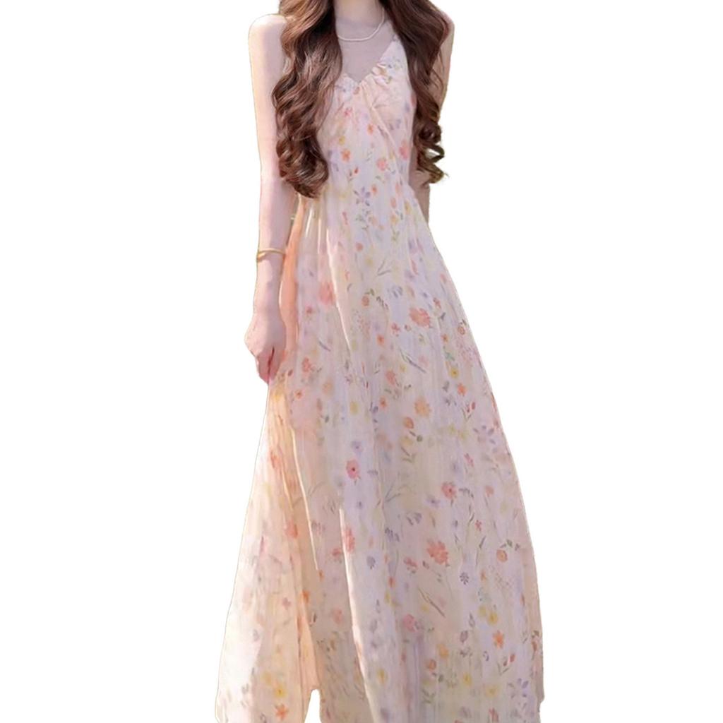 Holiday temperament sweet wind V-neck floral suspender dress women's summer popular beautiful waist A-word long dress