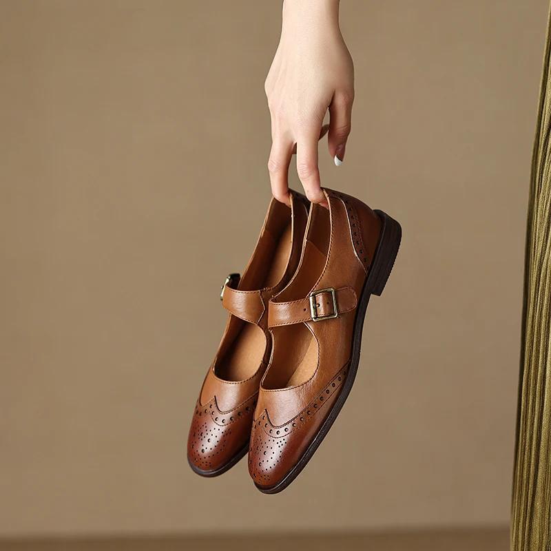 Fashion 2024 New Genuine Leather Low Heel Mary Jane Shoes Spring Women Shoes Chunky Heel Round Toe Shoes Women Pumps Retro Loafers