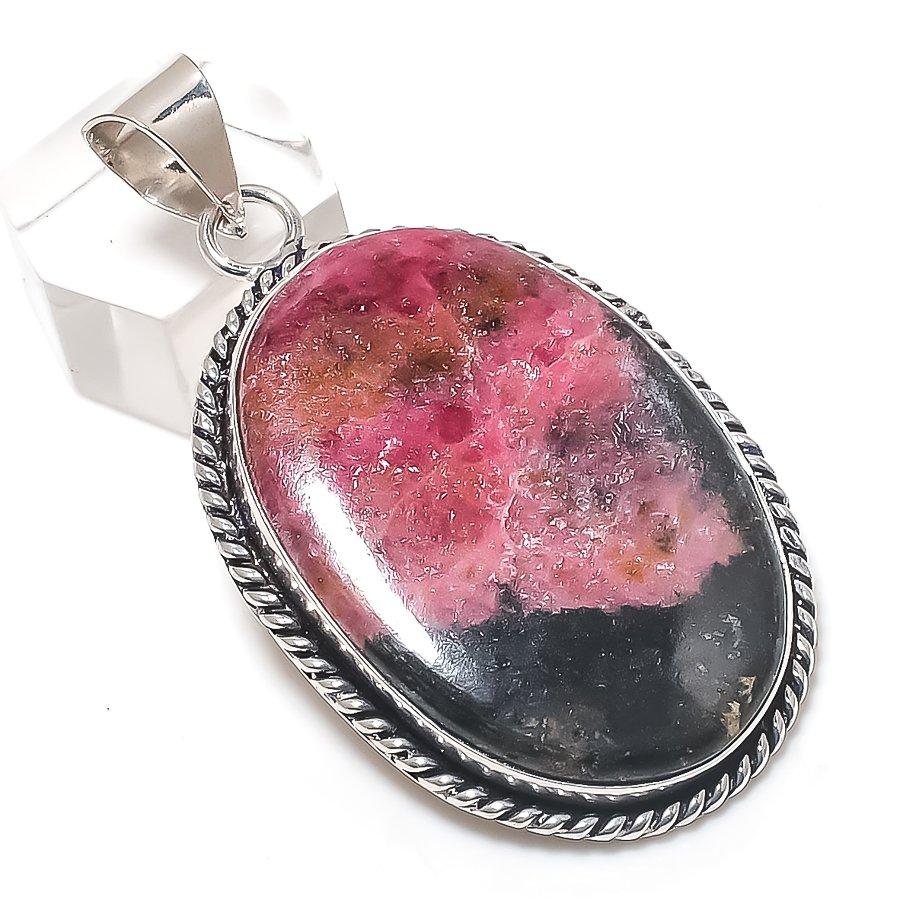Natural Rhodonite Gemstone 925 Sterling Silver Jewelry Pendant 2.29" R1k86