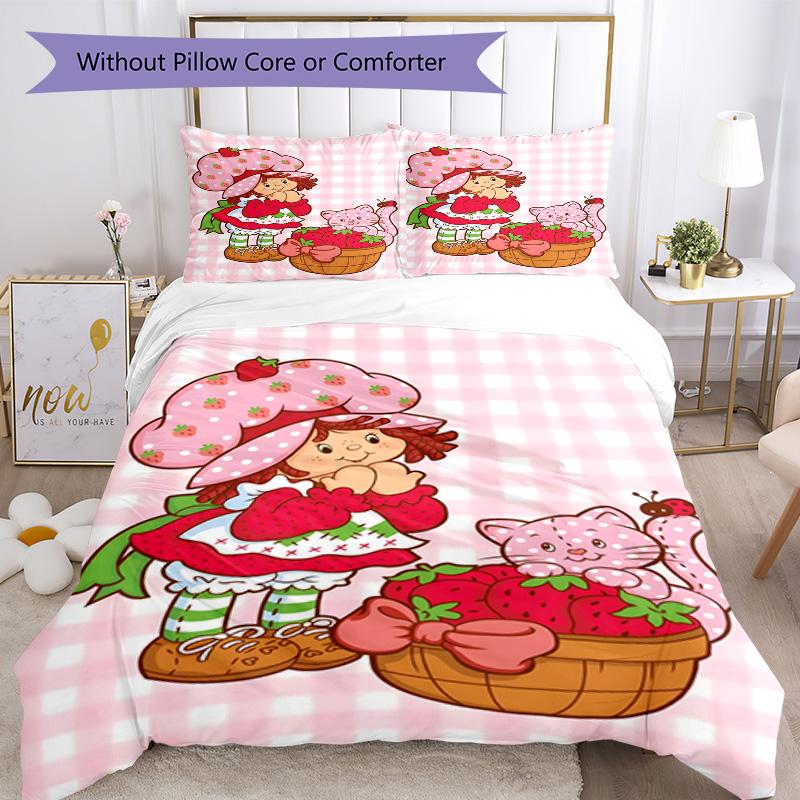 3pcs Princess Strawberry3 Design Cover Set - HD Printed Bedding with 1 Cover and 2 Pillowcases - Perfect for Home and Dorm Decor