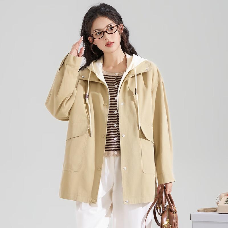 

TonLion Women s Faux Two-Piece Knitted Hooded Mid-Length Windbreaker L