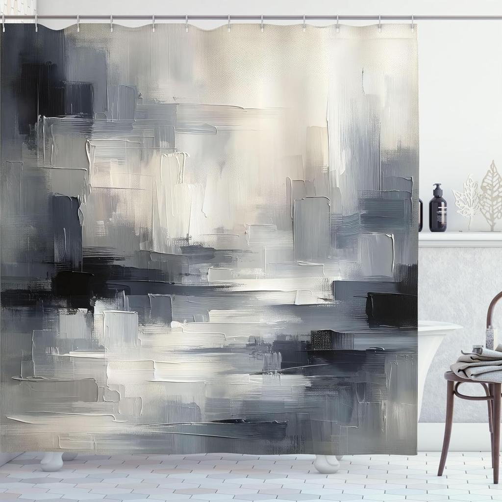 Black And White Shower Curtain, Modern Neutral Design Brush Strokes In Greyscale Palette Grunge Art, Cloth Fabric Bath