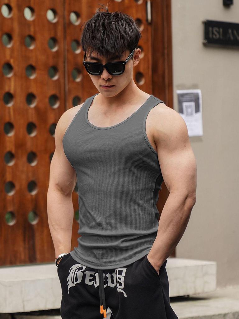 Men's 2025 Summer Ribbed Tank Top - Solid Color, Breathable, Casual Sports Vest for Running and Fitness