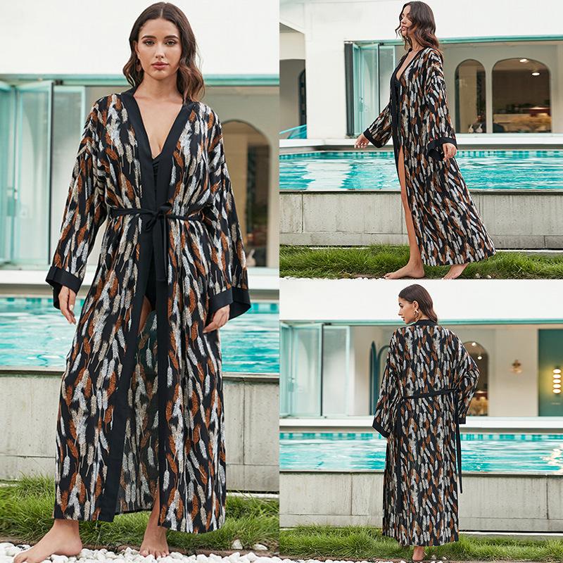 European-American Tie-Dye Beach Cover-Up: Rayon Mid-Length Sun Protection Cardigan for Women's Vacation Bikini Wear