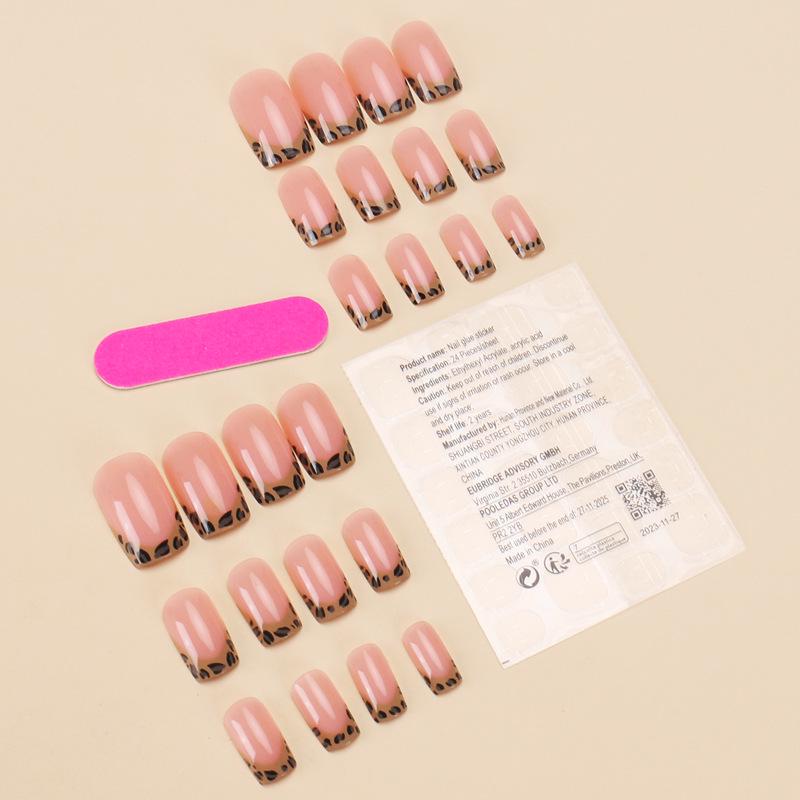 Nude Leopard Fransk Manikyr Brukbare Negletupper - 24 Korte Stykker