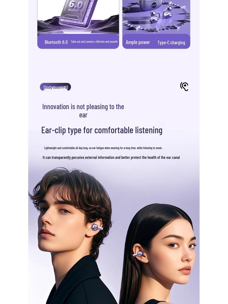 Bluetooth 6.0 Smart Noise Reduction Clip-On Wireless Headphones with Long Battery Life