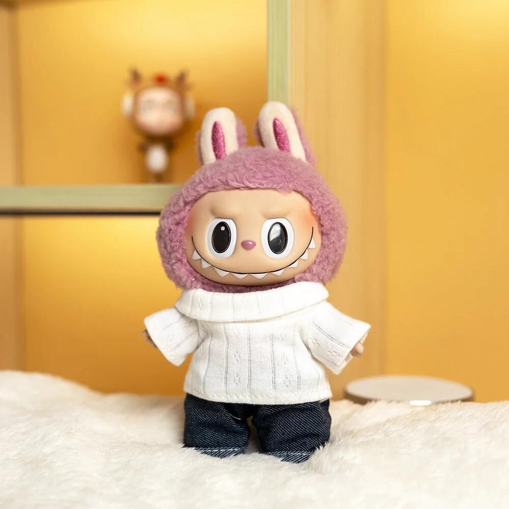17cm Cute Mini Plush Doll's Clothes Outfit Accessories For Labubu Idol Dolls Lapel T-shirt And Jeans Two-piece Set DIY Girl Gift