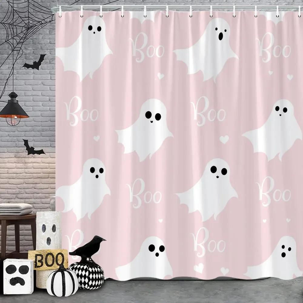 Rosa Söt Halloween Duschdraperi Spöke Pumpa Fladdermus Skalle Polyestertyg Barn Duschdraperi Flickor Badrumsinredning Remkrokar