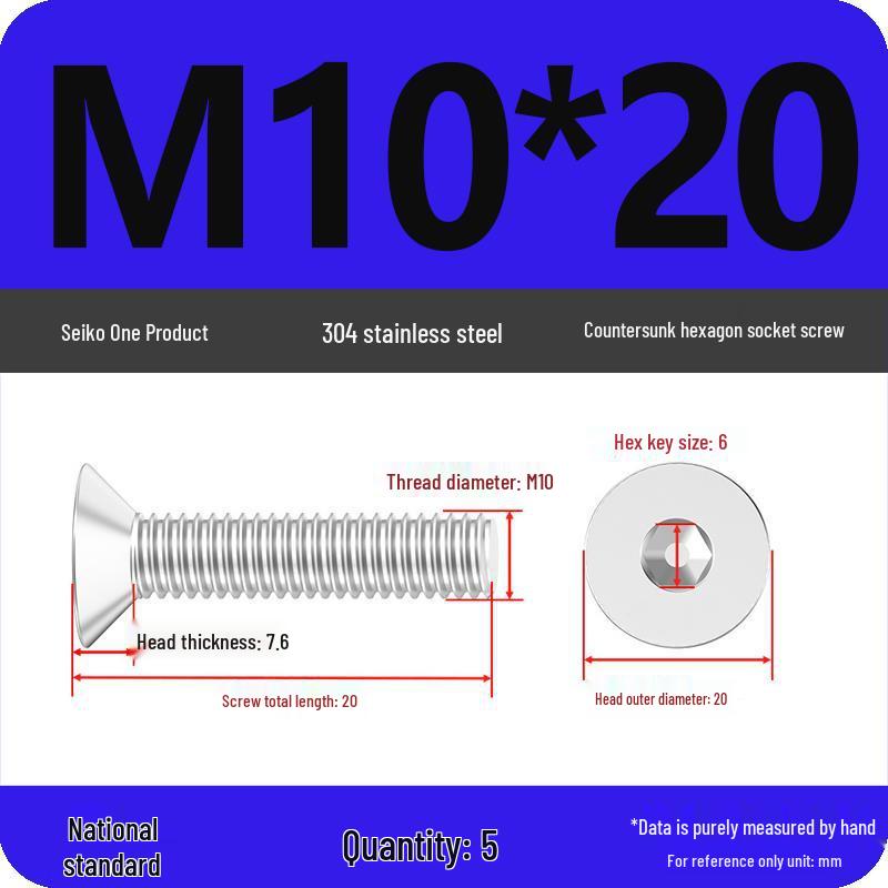 M2-M10 Stainless Steel Flat Head Machine Screws and Bolts Set, Countersunk Hex Socket Cap, 304 Grade.