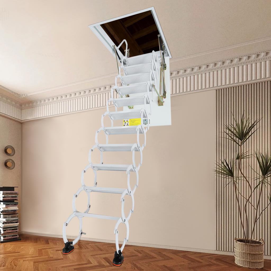 11 Steps Cold-rolled Steel Attic Ladder,70x100cm White/Blue Wall-Mounted Folding Stairs for Flat Roofs