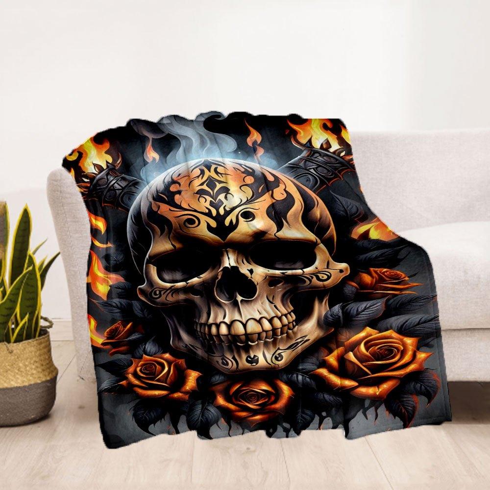 "Flaming Skull with Roses Tattoo Design Art Print"Blanket Flannel Throw Blanket for Sofa, Bed, Travel, Camping, Office, Couch, Chair, And Be