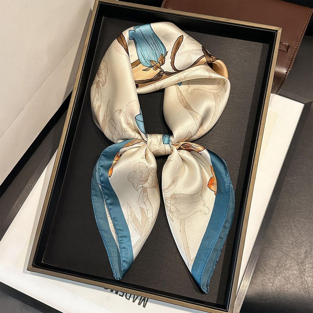 Retro Floral Print Silk Square Scarf Women Bag Ribbons Soft Satin Kerchief Hairband Head Scarves Decorate Hijab Female Headband