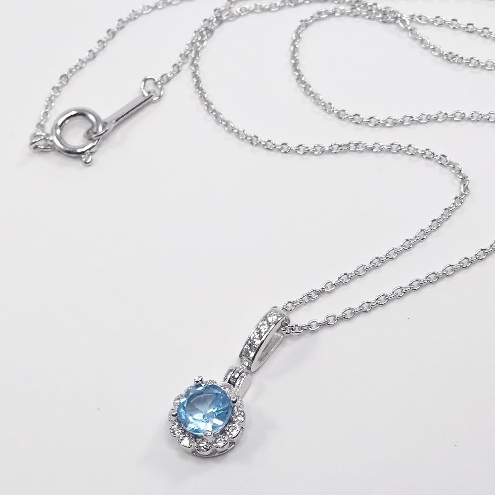 [Your and My Jewelry Box] Blue Topaz Necklace Pendant, SILVER925, 1.0 Carat, Luxurious CZ Surround Pendant [November Birthstone] [Gift Wrapped]