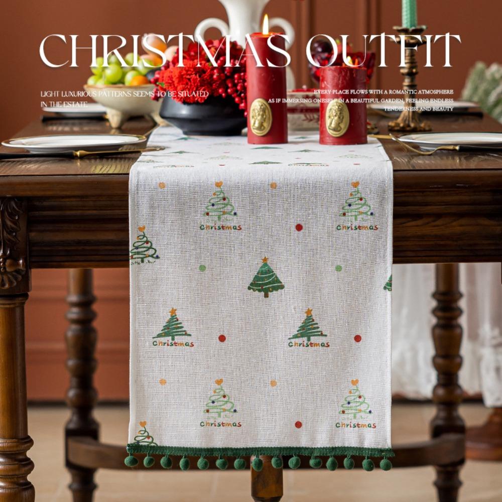 Festive Pine Tree Table Runner Holiday Decor Printed Heatproof Faux Linen Dining Table Cover