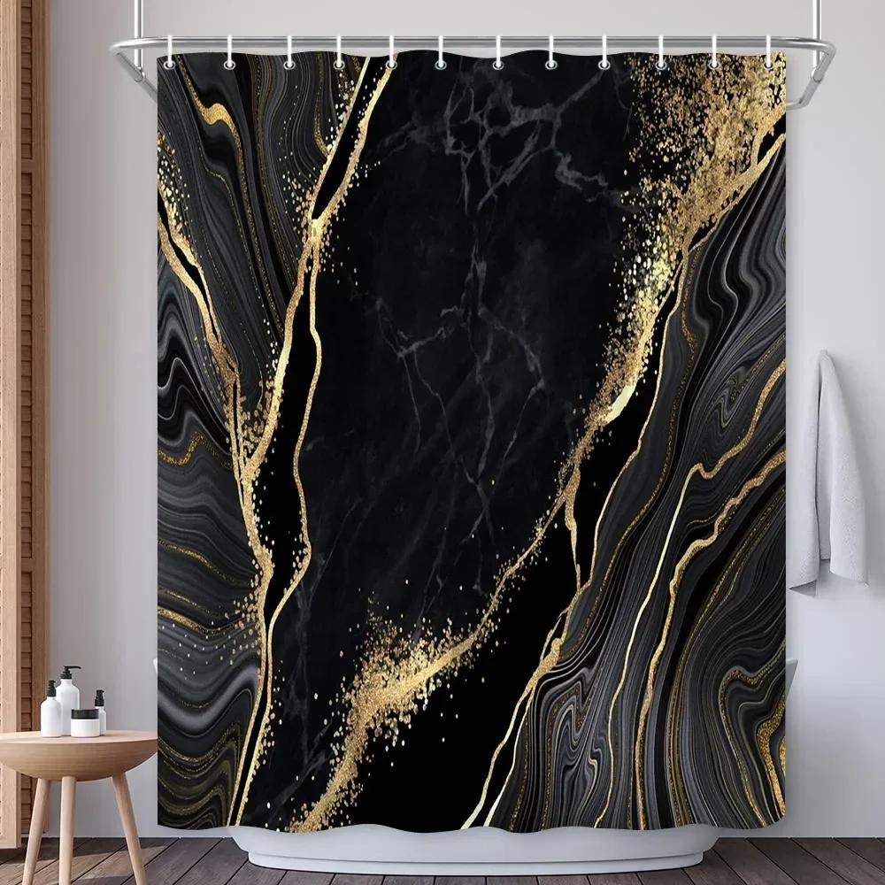 Abstract Navy Blue Gold Marble Shower Curtain Modern Luxury Golden Cracked Lines Fabric Bathroom Curtain Fashion Decor With Hook